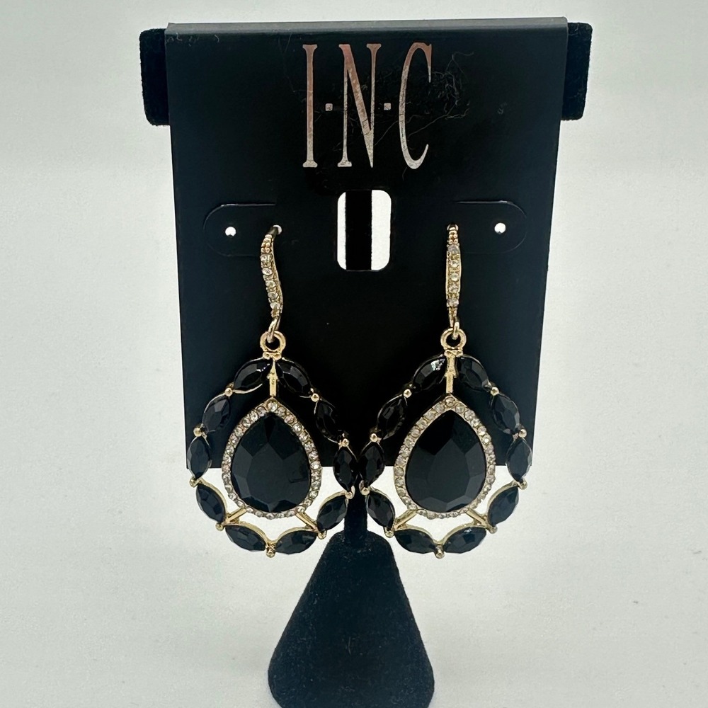 INC Teardrop Dangle Earrings Women OS Black Like New Jet Pavé Gold Tone E0806750